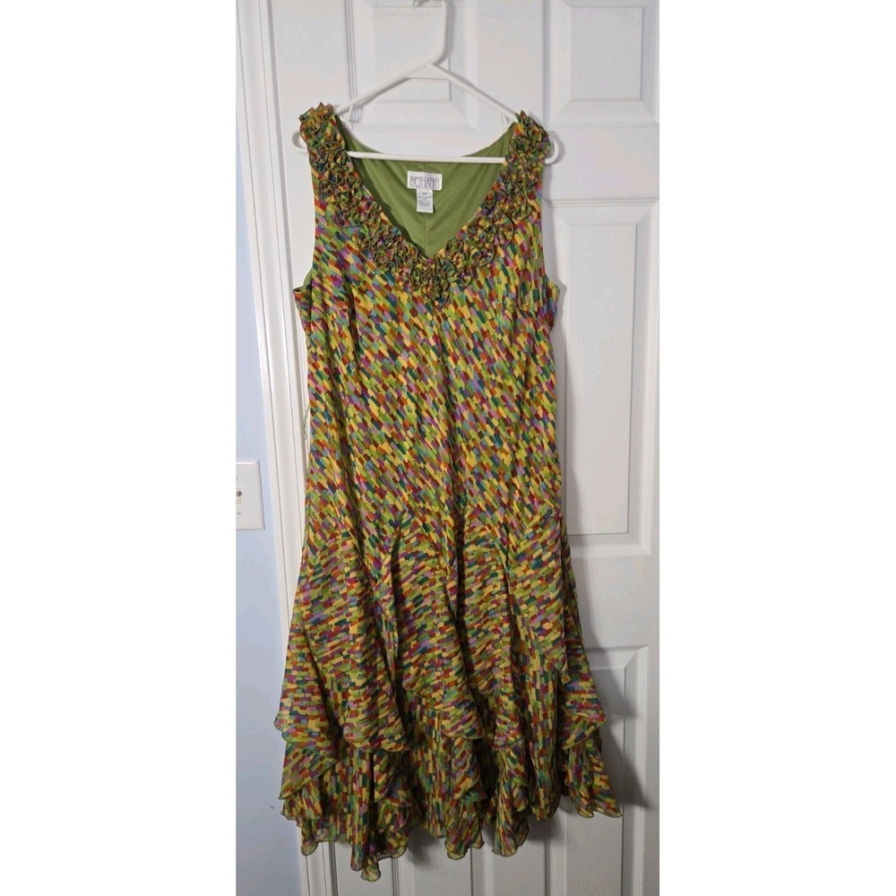Bethany Sleeveless Vneck Dress Size 16W Green & Multicolor Maxi Ruffles